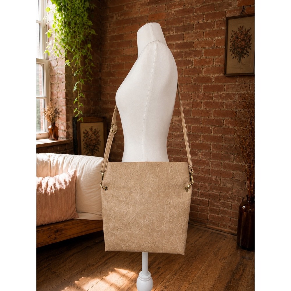 Anthropologie Tan Crossbody Bag Neutral Boho Faux Leather Chic Preppy Minimalist